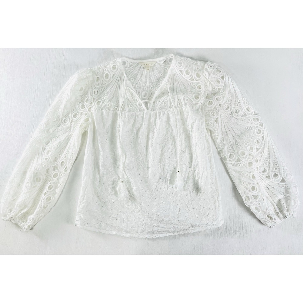 ADIVA Women Embroidered Eyelet Tassel Blouse White Puff Sleeve Size S Boho Chic